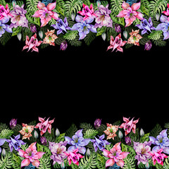 Beautiful columbine flowers or aquilegia and exotic monstera leaves on black background. Seamless floral tropical pattern, border. Watercolor painting. Hand painted illustration.