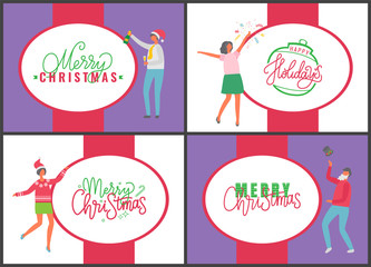 Jingle bells happy New Year and Merry Christmas celebration posters on multicolor background. People with champagne drinking alcohol and dancing. Fun party of man and woman