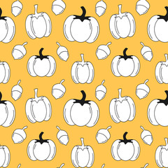 autumn fall seamless vector pattern illustration with pumpkins and acorns on orange background