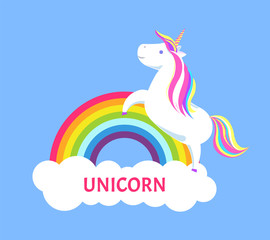 Romantic fairy tale unicorn with color mane and sharp horn running on rainbow. Mysterious horse from imagination or legends. Childish animal vector