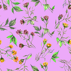 Beautiful pink, yellow roses and green leaves on pink background. Seamless floral pattern. Watercolor painting. Hand drawn and painted illustration.