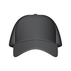 Black baseball cap. Vector realistic illustration. Front view