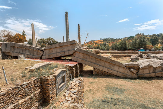 Ancient monolith stone obelisk, symbol of the Aksumite civilization in city Aksum, Ethiopia. UNESCO World Heritage site. African culture and history place. Cradle of life.