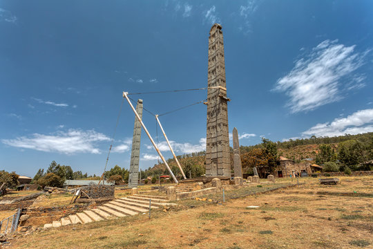 Ancient monolith stone obelisk, symbol of the Aksumite civilization in city Aksum, Ethiopia. UNESCO World Heritage site. African culture and history place. Cradle of life.