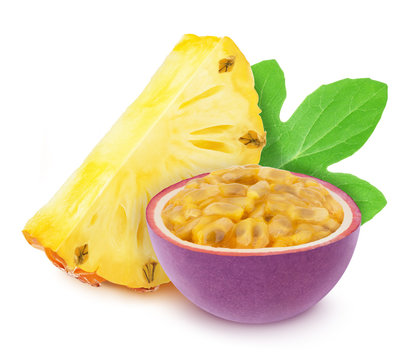 Colourful composition with cutted tropical fruits - pineapple and passionfruit isolated on a white background with clipping path.