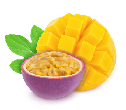 Colourful composition with cutted tropical fruits - passion fruit and mango isolated on a white background with clipping path.