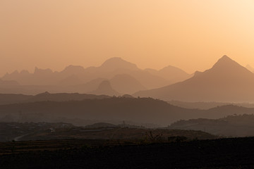 orange sunrise landscape near ahistorical city of Axum, Simien Mountains National Park In Northern Ethiopia