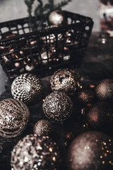 Christmas or New Year background. Vintage Christmas tree toy decoration balls and light garland