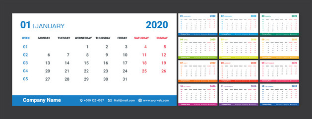 2020 Weekly Planning Calendar. Colorful set. 