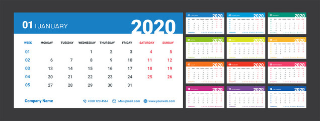 Calendar 2020 template planner Vector new year calender,  simple style and colorful,Holiday event planner,12 month annual timetable diary