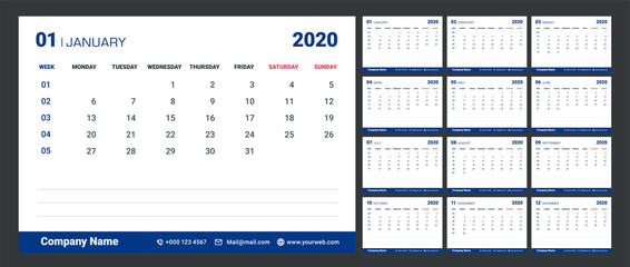 Modern minimal Calendar with week numbers for 2020.Memo Space.