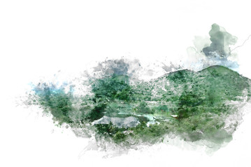 Abstract colorful shape on mountain peak and tree landscape on watercolor illustration painting background.