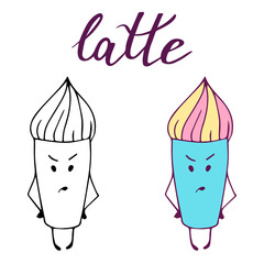 Kawaii style, cartoon character of latte. Coloring book. Vector illustration of coffee cup. Doodle style, colorful sketch with handwritten lettering.