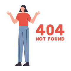 Woman shrugging shoulders near text 404 not found. Web page mistake concept. Flat vector illustration