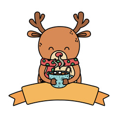 reindeer with scarf holding chocolate cup decoration merry christmas emblem