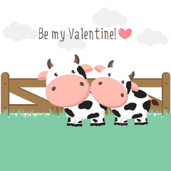 Obraz na płótnie Canvas Happy Valentines Day background for greeting card. Couple of cute cows in love on green grass field.