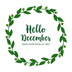 Design greeting card hello december, with ornate pattern of pink flower frame. Vector