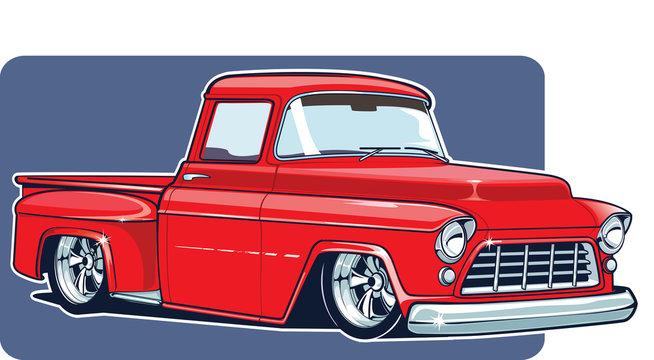 Vector illustration of a red tuning pickup. Old-fashioned American muscular pickup red pickup. Vintage American 50's dream car.
