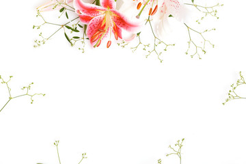 Flowers composition. Frame made of pink and white lily flowers on white background. Flat lay, top view, copy space.