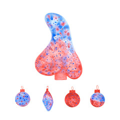 Blue and red watercolor Christmas tree and decorated elements  such as balls  isolated on white background. Hand drawn colorful winter holiday  symbols for New year and Christmas.