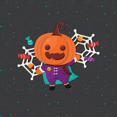 Cute pumpkin character for Halloween's day. Halloween costume. Greeting card.
