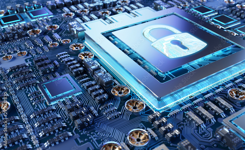Fototapete close-up view of a modern gpu card with padlock protection 3d rendering