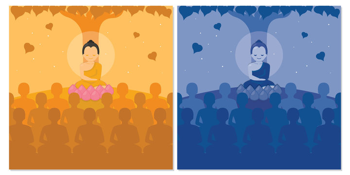 Vector illustration buddha with crowded monks.