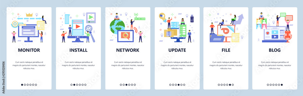 Aufkleber website and mobile app onboarding screens vector template