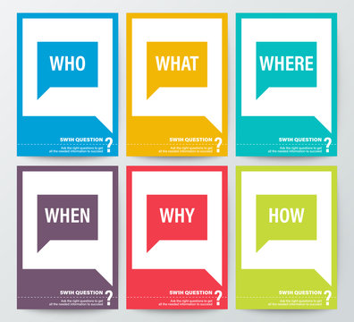 WHO WHAT WHERE WHEN WHY HOW, 5W1H or WH Questions poster. colorful speech bubbles graphic background in vertical orientation.