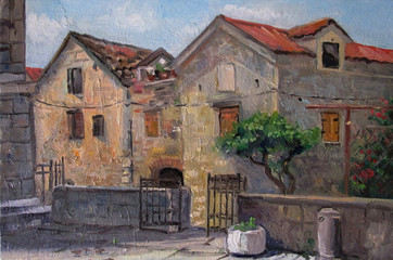 Fototapeta na wymiar Courtyard of old Croatia - oil painting art