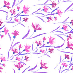 Fototapeta na wymiar Beautiful watercolor illustration with watercolour blue cornflower on white background. seamless pattern. Watercolour illustration. Watercolor botanical illustration.