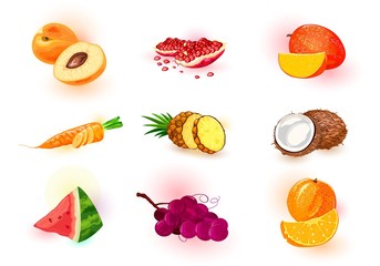 Vector set with fruits, berries, vegetable. Healthy and tasty ingredient for juices, cocktails, smoothies, nectars, saps, syrups. Summer vegetarian snack, diet products. Cartoon collection on white.