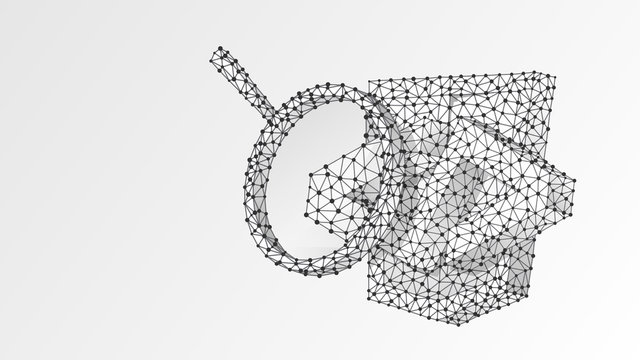 Magnifying glass analys of HTML code Bracket model. Abstract, digital wireframe, low poly mesh, Raster polygonal white origami 3d illustration. Coding analysis, software programming concept. Line, dot