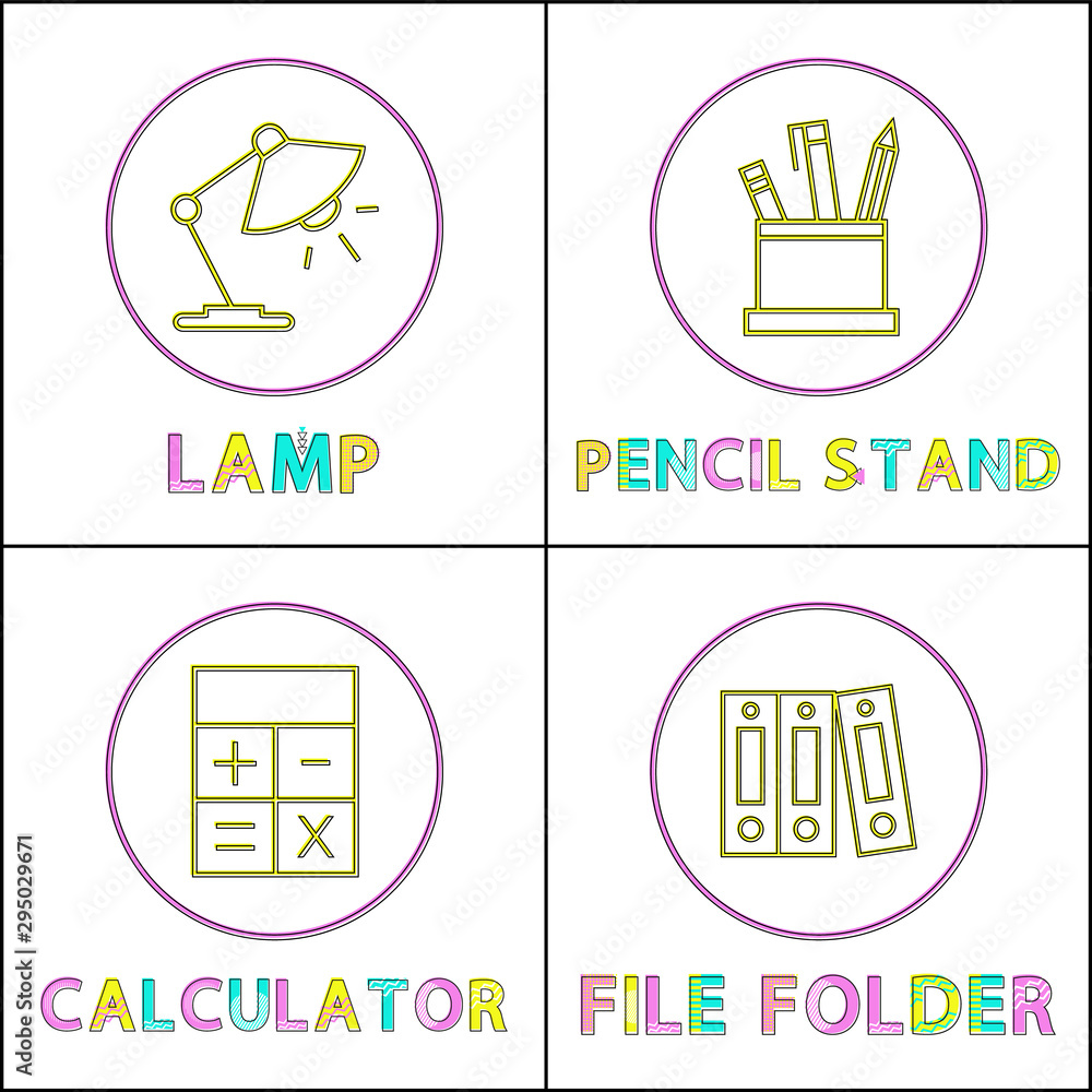 Poster round linear icons templates with office appliances set. lamp and stationery symbols inside circles 