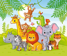Cute african animals stand among the savannahs. Large collection of animals.
