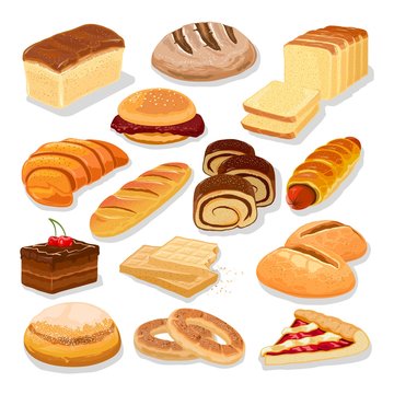 Assortment of bread and flour products, pastries, bakery goods. Wheaten and rye loaves, baguette, buns, sandwich, pig in blanket, roulade, wafers. Big cartoon vector set isolated on white background.