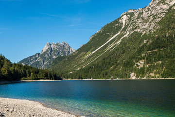 Fototapeta na wymiar Lake Predil in Rio del Lago Valley, Julian Alps in north east Italy