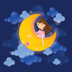 Obraz premium Cute character vector illustration. Girl with moon on dark sky background.