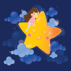 Cute character vector illustration. Girl with star on dark sky background.