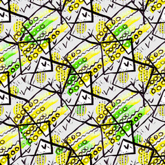 a white background with composition of abstract figures drawn in green and yellow colors