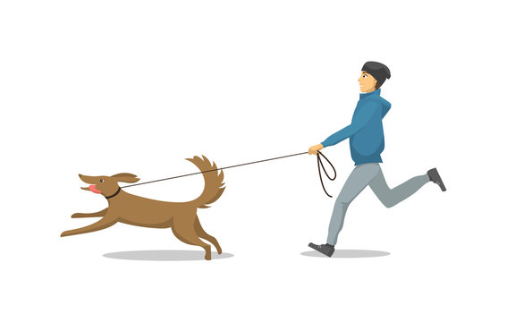 Pet dog and its owner running same direction isolated vector. Male and mammal with collar on neck, person with domestic animal breed jogging together
