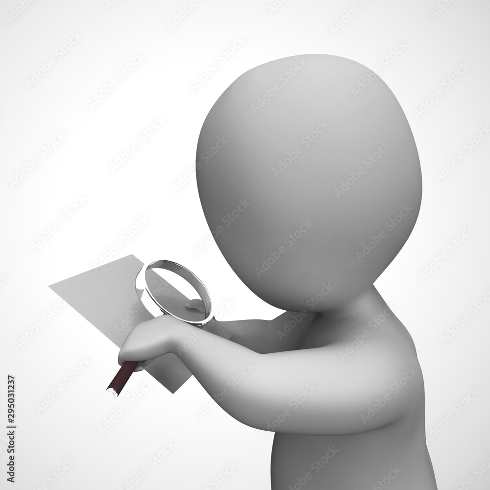 Poster using magnifier to inspect means looking into and reviewing - 3d illustration