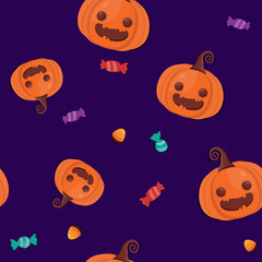 Vector illustration. Halloween poster with cute character on brick and scary door background. Trick or treat template. 