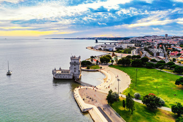 Aerial view of Belem Tower in Lisbon, Portugal during the hot evening in summer - obrazy, fototapety, plakaty