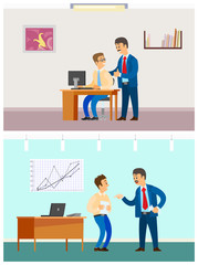 Good and bad job at office, rebuke or approval from boss. Chief and employee relationships, work in computer, statistics report vector illustrations.
