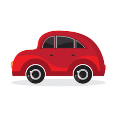 Red cartoon car in flat vector. Transport vehicle. Toy car in children's style. Fun design for sticker, logo, label. Isolated object on white background. The view from the side.