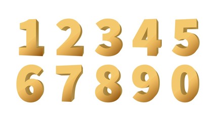Gold 3d numbers. Shiny golden volumetric number set. Vector Illustration.