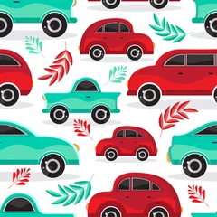 Fototapete Autorennen Seamless pattern of green and red cartoon car in flat vector. Transport vehicle. Children's cute background toy car. Fun design for textiles, paper, fabric, packaging, Wallpaper,