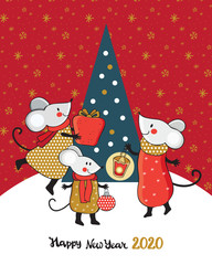 Set New year and Christmas greeting card in vector. Cute cartoon mouse next to the Christmas tree. Funny and happy new year mice red, gold and silver. Chinese symbol 2020 new year. Doodle.