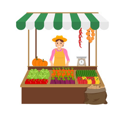 Woman selling products in market isolated icon vector. Farmer with home production pepper and tomato, cucumber and carrots. Cabbage and pumpkin veggie